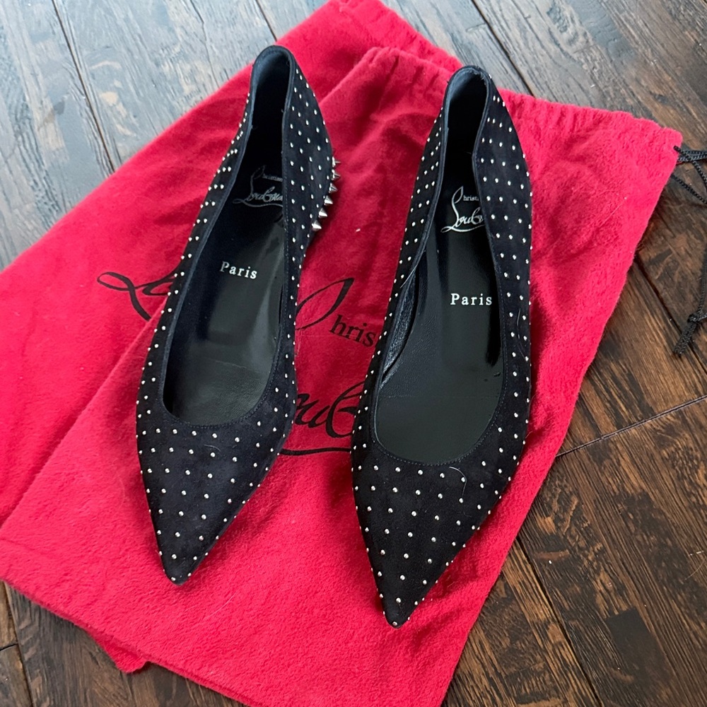 Christian Louboutin Black Studded Free Hall Plume Suede Black Flats size 37